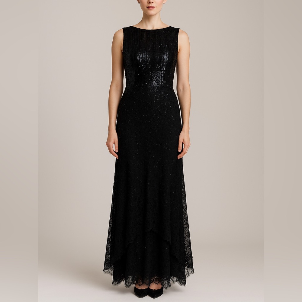 Valentino Boutique Black Beaded Lace Evening Gown Couture Dress Size 10 NWT